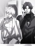  2boys bare_chest brushing_teeth closed_eyes cross cross_necklace fate/stay_night fate_(series) gilgamesh greyscale jacket jewelry kotomine_kirei maka_(mksrw) male_focus messy_hair mirror monochrome morning multiple_boys necklace open_clothes open_shirt reflection 