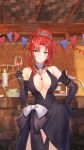  1girl alcohol bare_shoulders black_dress black_gloves bow bowl breasts brick_wall brown_eyes candle center_opening commentary_request cup dress drinking_glass elbow_gloves gloves gongsun_ai_li_buli halterneck hand_on_hip highres holding holding_cup honkai_(series) honkai_impact_3rd indoors jewelry large_breasts long_hair looking_at_viewer mole mole_on_breast murata_himeko necklace pendant redhead sidelocks sleeveless sleeveless_dress smile solo string_of_flags white_bow wine wine_glass 