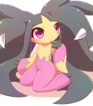  blush commentary_request finger_to_mouth kaceuth long_hair mawile mega_mawile no_humans open_mouth pink_eyes pokemon simple_background sitting very_long_hair white_background 