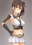  1girl anti_(untea9) blush breasts brown_eyes brown_hair cosplay elbow_gloves eyebrows_visible_through_hair fingerless_gloves gloves gradient gradient_background hair_between_eyes headgear highres kaga_(kantai_collection) kantai_collection large_breasts long_hair looking_at_viewer midriff nagato_(kantai_collection) nagato_(kantai_collection)_(cosplay) navel pleated_skirt side_ponytail skirt solo 