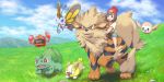  1girl :d arcanine bangs beautifly brown_hair bulbasaur clouds cloudy_sky commentary_request field gen_1_pokemon gen_3_pokemon gen_4_pokemon gen_7_pokemon gen_8_pokemon grass green_shorts hat mizuki_(pokemon) mk_(mikka) mountainous_horizon open_mouth outdoors pokemon pokemon_(creature) pokemon_(game) pokemon_sm red_headwear riding rotom rowlet short_hair shorts sky smile yamper 