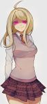  1girl ahoge akamatsu_kaede blonde_hair breasts dangan_ronpa eighth_note evil_smile glowing glowing_eyes hair_ornament highres long_hair looking_at_viewer medium_breasts memodraws musical_note musical_note_hair_ornament musical_note_print new_dangan_ronpa_v3 pink_sweater_vest school_uniform sixteenth_note skirt smile solo sweater_vest violet_eyes 