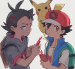  2boys baseball_cap black_hair blue_eyes blue_vest brown_backpack brown_eyes commentary_request gou_(pokemon) green_backpack grey_shirt hair_ornament hairclip hat holding holding_phone kurage2535 looking_at_viewer male_focus multiple_boys phone pikachu pokemon pokemon_(anime) pokemon_(creature) pokemon_on_head pokemon_swsh_(anime) rotom rotom_phone satoshi_(pokemon) shirt simple_background spiky_hair sweat vest white_background white_shirt 