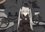  1girl absurdres ash_arms character_request expressionless grey_hair hair_ornament hat highres long_hair looking_at_viewer military_hat simple_background solo trench_coat weapon 
