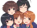  5girls :o ;d ahoge akiyama_yukari bangs black_hair blue_coat blunt_bangs blush brown_eyes brown_hair closed_mouth commentary_request face-to-face far_is_a girl_sandwich girls_und_panzer hairband highres isuzu_hana long_hair looking_at_another looking_at_viewer messy_hair multiple_girls nishizumi_miho one_eye_closed ooarai_school_uniform open_mouth orange_eyes orange_hair partial_commentary portrait pose reizei_mako sandwiched school_uniform short_hair simple_background smile takebe_saori white_background white_hairband 