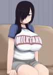  1girl absurdres black_choker black_hair blush breasts brown_hair choker commentary_request hair_over_one_eye highres huge_breasts long_hair nao_(ritsancrossover) original shirt short_shorts shorts sitting solo thighs 