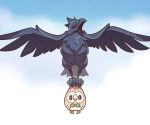  bird bird_focus black_eyes blue_sky clouds cloudy_sky corviknight creature day expressionless flying full_body gen_7_pokemon gen_8_pokemon holding holding_pokemon looking_at_viewer no_humans outdoors pokemon pokemon_(creature) rowlet sky ssalbulre 