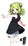  1girl :d bangs bare_arms bare_shoulders black_dress black_footwear bloomers blush commentary_request double_bun dress eyebrows_visible_through_hair green_eyes green_hair looking_at_viewer looking_to_the_side morinaka_kazaki nijisanji open_mouth outstretched_arms shoe_soles shoes simple_background sleeveless sleeveless_dress smile solo standing standing_on_one_leg underwear virtual_youtuber white_background white_bloomers yamabukiiro 