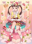  1girl backpack bag bandaid bobby_socks cake eating food hachikuji_mayoi hair_ribbon hat jacket medium_hair monogatari_(series) monogatari_series_puc_puc ribbon shorts sitting socks sweets twintails yellow_jacket yellow_shorts 