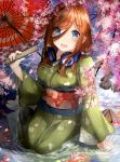  1girl :d arm_support bangs blue_eyes blush breasts brown_hair cherry_blossoms collarbone commentary_request eyebrows_visible_through_hair fan floral_print flower folding_fan full_body furisode go-toubun_no_hanayome green_kimono hair_between_eyes headphones headphones_around_neck highres holding holding_fan japanese_clothes kimono large_breasts long_hair long_sleeves looking_at_viewer nakano_miku new_year obi obijime open_mouth oriental_umbrella partially_submerged petals petals_on_liquid print_kimono river rock sash shiranui_(nisioisin_sinob) sitting smile solo tabi umbrella upper_teeth wide_sleeves yokozuwari zouri 