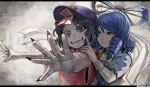  2girls :d al_bhed_eyes bangs bare_arms beret black_hair black_nails blouse blue_eyes blue_hair blue_nails bracelet closed_mouth commentary_request drill_locks fangs fingernails hair_ornament hair_rings hair_stick hat highres jewelry jiangshi kaku_seiga kurobuta_wagyu letterboxed looking_at_another looking_down medium_hair miyako_yoshika multiple_girls ofuda open_mouth outstretched_arms outstretched_hand red_eyes sharp_fingernails shawl short_sleeves smile spread_fingers star swept_bangs tongue touhou twitter_username upper_body vest watermark 