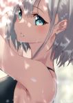  1girl aqua_eyes armpits arms_up bangs bare_shoulders black_swimsuit blush commentary_request competition_swimsuit from_side jonsun looking_at_viewer looking_to_the_side one-piece_swimsuit original parted_lips silver_hair sunlight swimsuit water wet 