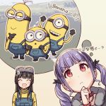 &gt;:( 2girls :d ^_^ ayasaka bang_dream! bangs black_gloves black_hair bracelet chain choker closed_eyes comedy cosplay despicable_me english_commentary fur_trim gloves goggles goggles_on_head hand_on_own_chin imagining jewelry long_hair minion_(despicable_me) minion_(despicable_me)_(cosplay) multiple_girls open_mouth overalls purple_hair red_choker red_eyes road shirokane_rinko shirt smile spiked_bracelet spiked_choker spikes sweatdrop tan_background thinking translation_request turtleneck twintails udagawa_ako yellow_shirt