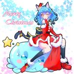  1girl :3 ;) animal_ears back_bow bare_shoulders black_legwear blue_eyes blue_hair blush blush_stickers boots bow cat_ears cat_girl cat_tail christmas commentary_request dress elbow_gloves fur_trim gloves hair_down hat highres kneehighs kyoutsuugengo looking_at_viewer merry_christmas mini_hat mini_santa_hat one_eye_closed pointy_ears pout precure prunce_(precure) red_dress red_footwear red_gloves sack santa_boots santa_costume santa_hat sitting sitting_on_person sleeveless sleeveless_dress smile socks star star_twinkle_precure starry_background sweatdrop tail yellow_eyes yuni_(precure) 