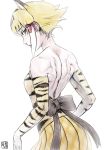  1girl alternate_costume animal_ears animal_print back back_bow backless_outfit bare_shoulders black_hair blonde_hair bow cat_ears closed_mouth commentary_request elbow_gloves extra_ears from_side gloves hair_bow highres kemono_friends kishida_shiki lips looking_at_viewer multicolored_hair neck no_tail plaid plaid_skirt print_gloves short_hair short_hair_with_long_locks shoulder_blades sidelocks sideways_glance skirt smilodon_(kemono_friends) solo strapless tiger_print toned upper_body violet_eyes white_hair 