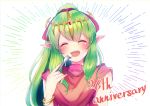  1girl 2016 absurdres anniversary bracelet chiki child closed_eyes cute dragon_girl eating elf fire_emblem fire_emblem:_mystery_of_the_emblem fire_emblem:_mystery_of_the_emblem fire_emblem:_shadow_dragon fire_emblem:_shin_ankoku_ryuu_to_hikari_no_tsurugi fire_emblem_11 fire_emblem_3 fork green_hair highres holding holding_fork intelligent_systems jewelry loli long_hair manakete nintendo open_mouth parupome pointy_ears ponytail solo tiara tiki_(fire_emblem) upper_body young 