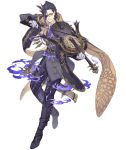  1boy arrow bow_(instrument) bow_(weapon) chain crossbow formal full_body glasses gold_chain gold_trim hair_slicked_back half_mask hameln_(sinoalice) instrument ji_no necktie official_art purple_hair quiver sinoalice solo suit transparent_background violin weapon 