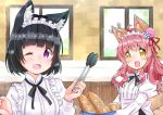  2girls alternate_costume animal_ear_fluff animal_ears basket black_hair blush borrowed_character bread cat_ears commentary_request eyebrows_visible_through_hair fang food hair_between_eyes hair_ribbon holding holding_basket indoors long_sleeves looking_at_viewer maid maid_headdress medium_hair multiple_girls neck_ribbon one_eye_closed open_mouth original pink_hair puffy_sleeves ribbon shirt short_hair skin_fang violet_eyes white_shirt window wolf-chan_(wataame27) wolf_ears yellow_eyes yokoshima_(euphoria) 