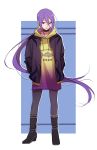  1girl alternate_costume alternate_hairstyle boots choker eltnum full_body hair_tie hands_in_pockets hat hat_removed headwear_removed highres hood hoodie jacket long_hair looking_away melty_blood nekonomlcon nusumenaihxseki pantyhose ponytail purple_hair sion_eltnam_atlasia solo tsukihime tusia under_night_in-birth vampire very_long_hair violet_eyes 