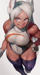  &gt;:) 1girl absurdres animal_ears artist_name bangs bare_arms bare_shoulders biceps boku_no_hero_academia breasts closed_mouth covered_navel dark_skin eyelashes forehead from_above fur_collar hand_on_hip highres ibuo_(ibukht1015) leotard looking_at_viewer looking_up medium_breasts mirko muscular muscular_female parted_bangs purple_legwear rabbit_ears shiny shiny_clothes shiny_skin skindentation smile solo taut_clothes taut_leotard thick_thighs thigh-highs thighs v-shaped_eyebrows violet_eyes walking 