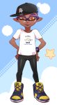  1boy :p dark_skin dark_skinned_male english_text eyebrows full_body hands_on_hips high_tops highres inkling kirby kirby_(series) nintendo orange_eyes pants pointy_ears purple_hair purple_tongue senpai_(souzaipan) shirt smile solo souzaipan splatoon_(series) standing t-shirt tongue tongue_out watch watch yoga_pants 