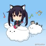  1girl :3 amplifier animal animal_ear_fluff animal_ears bangs beamed_sixteenth_notes black_cat black_hair black_hairband black_jacket blazer blue_background blush brown_eyes cat cat_ears chibi closed_mouth clouds collared_shirt commentary_request eighth_note fake_animal_ears fender_mustang hair_between_eyes hairband holding holding_instrument instrument jacket k-on! long_hair miicha musical_note nakano_azusa neck_ribbon quarter_note red_ribbon ribbon school_uniform shirt smile solid_circle_eyes solo twintails twitter_username white_shirt 