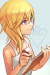  1girl bare_shoulders blonde_hair blue_eyes breasts closed_mouth dress hankuri kingdom_hearts kingdom_hearts_ii medium_hair namine simple_background solo white_dress 