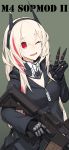  1girl absurdres assault_rifle bangs black_jacket blonde_hair character_name eyebrows_visible_through_hair girls_frontline gun hair_between_eyes hairband headgear highres holding holding_gun holding_weapon jacket long_hair long_sleeves m4_sopmod_ii m4_sopmod_ii_(girls_frontline) mechanical_arm mikoto_(oi_plus) multicolored_hair one_eye_closed open_mouth prosthesis prosthetic_arm red_eyes redhead rifle scarf simple_background solo streaked_hair v weapon zipper 