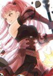  1girl belt blood breasts dress elbow_gloves fighting_stance fire_emblem fire_emblem:_three_houses gloves highres hilda_valentine_goneril holding holding_weapon kuro_n314 large_breasts looking_to_the_side pink_dress pink_eyes pink_gloves pink_hair solo standing twintails weapon white_background 