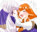  2girls closed_eyes fire_emblem fire_emblem:_three_houses flower from_side leonie_pinelli long_hair long_sleeves lysithea_von_ordelia multiple_girls open_mouth orange_hair twitter_username upper_body white_hair yutohiroya 