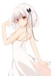  1girl absurdres azur_lane bangs bare_shoulders black_ribbon blush breasts commentary_request dress eyebrows_visible_through_hair from_behind hair_between_eyes hair_ornament hair_ribbon highres large_breasts looking_at_viewer red_eyes ribbon short_hair simple_background sirius_(azur_lane) solo tming white_background white_dress white_hair 