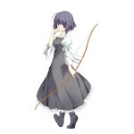  1girl audrey_(hitsuji_chronicle) black_dress black_footwear bow_(weapon) breasts dress eyebrows_visible_through_hair flower full_body hair_flower hair_ornament hand_up hitsuji_chronicle holding holding_bow_(weapon) holding_weapon looking_at_viewer looking_back purple_hair short_hair small_breasts solo standing violet_eyes weapon 