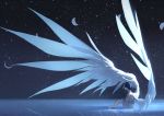  1boy angel_wings arsh_(thestarwish) bare_shoulders barefoot black_hair feathered_wings halo highres male_focus moon original reflection sitting sky solo space star_(sky) starry_sky transparent wings 