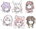  6+girls :3 ahoge animal_ear_fluff animal_ears bangs black_shirt blue_eyes bone_hair_ornament bow bowtie braid brown_hair brown_jacket cartoon_bone cat_ears closed_eyes closed_mouth collared_dress commentary_request controller cropped_shoulders cropped_torso crying dog_ears dress game_controller hair_between_eyes hair_bow hair_intakes hair_ornament hair_ribbon hairclip half-closed_eyes hat heart heart_hair_ornament highres holding hololive inugami_korone jacket long_hair low_twintails multiple_girls nekomata_okayu nijisanji open_mouth pink_hair purple_hair rabbit_ears red_bow red_eyes red_neckwear red_ribbon ribbon shiina_yuika shirt simple_background streaming_tears striped striped_bow suzuhara_lulu tears tomari_mari translation_request twin_braids twintails uno_ryoku ushimi_ichigo violet_eyes virtual_youtuber white_background white_dress x_hair_ornament 