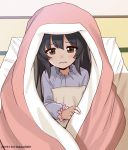  1girl absurdres bangs black_hair blanket blue_shirt brown_eyes closed_mouth commentary dated duke_(kimurasun) eyebrows_visible_through_hair frown futon girls_und_panzer highres holding holding_pillow long_hair long_sleeves looking_at_viewer pajamas pillow reizei_mako shirt sitting solo twitter_username under_covers wavy_mouth 