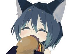  1girl animal_ear_fluff animal_ears bangs bare_shoulders black_gloves blue_hair blush closed_eyes commentary_request eyebrows_visible_through_hair facing_viewer fang food gloves hair_between_eyes hamburger holding holding_food open_mouth original pappii_(paprika_shikiso) paprika_shikiso portrait simple_background solo white_background 