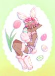  1boy animal_ears bare_shoulders blush bunny_paws bunny_tail dark_skin dark_skinned_male easter easter_egg egg eyebrows flower full_body hairband highres holding_egg inkling looking_at_viewer orange_eyes over-rim_eyewear pink-framed_eyewear pink_hair rabbit_ears semi-rimless_eyewear senpai_(souzaipan) short_shorts shorts smile solo souzaipan spiky_hair splatoon_(series) tail tulip 