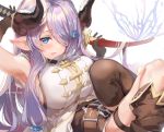  1girl bangs belt black_gloves blue_eyes breasts brown_footwear bug butterfly character_name draph gloves granblue_fantasy hair_ornament hair_over_one_eye highres horns insect katana large_breasts long_hair narmaya_(granblue_fantasy) ooluoul pointy_ears purple_hair shirt sideboob sitting sleeveless solo sword thigh_strap weapon white_background white_shirt 