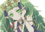  1girl braid closed_mouth fire_emblem fire_emblem:_three_houses green_eyes green_hair hair_ornament highres kanaso529 long_hair pointy_ears ribbon_braid simple_background solo sothis_(fire_emblem) tiara twin_braids upper_body white_background 