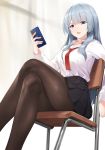  1girl absurdres ak-15_(girls_frontline) black_skirt blue_eyes blue_hair breasts cellphone chair collared_shirt commentary_request crossed_legs eyebrows_visible_through_hair feet_out_of_frame from_below girls_frontline highres holding holding_cellphone holding_phone large_breasts long_hair long_sleeves miniskirt necktie on_chair open_mouth phone pleated_skirt red_neckwear shirt sitting skirt smartphone solo star741 thighs v-shaped_eyebrows white_shirt 
