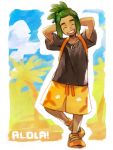  1boy ^_^ backpack bag black_shirt blue_sky closed_eyes clouds cloudy_sky dark_skin day green_hair grin hau_(pokemon) hk_(nt) pine_tree place_name pokemon pokemon_(game) pokemon_sm shirt shoes shorts sidelocks sky smile solo tied_hair tree yellow_shorts 