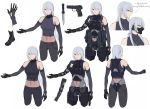  1girl absurdres ak-15_(girls_frontline) bangs bare_shoulders black_gloves boots closed_mouth duoyuanjun english_text gas_mask girls_frontline gloves gun hair_over_one_eye handgun highres knife long_hair multiple_views navel pants pistol pouch silver_hair simple_background tactical_clothes violet_eyes weapon white_background 