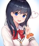  1girl absurdres bangs black_hair blue_eyes blush bow breasts cardigan commentary_request heart highres lebring long_hair long_sleeves looking_at_viewer medium_breasts orange_scrunchie red_bow scrunchie shirt skirt smile solo ssss.gridman takarada_rikka white_shirt 