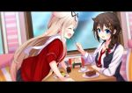  2girls alternate_costume black_ribbon blonde_hair blue_eyes blush braid brown_hair cake closed_eyes coffee_table cup eating food gradient_hair hair_flaps hair_ornament hair_over_shoulder hair_ribbon hairclip indoors kakeyu kantai_collection long_hair messy_hair multicolored_hair multiple_girls necktie open_mouth red_neckwear red_shirt ribbon scarf school_uniform serafuku shigure_(kantai_collection) shirt single_braid sitting smile straight_hair teacup white_scarf yuudachi_(kantai_collection) 