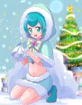  1girl :d aqua_eyes bag blue_capelet blue_footwear blue_gloves blue_hair blue_skirt blurry blurry_background blush cape capelet christmas_tree crop_top full_body fur-trimmed_gloves fur-trimmed_skirt fur_cape fur_trim gift_bag gloves hagoromo_lala holding holding_bag hood hood_up hooded_capelet kneeling midriff miniskirt navel open_mouth pencil_skirt precure short_hair skirt smile solo star star-shaped_pupils star_twinkle_precure stomach striped striped_neckwear symbol-shaped_pupils teliga white_bag yellow_neckwear 