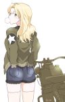  1girl blonde_hair blue_eyes blue_shorts brown_jacket bubble_blowing chewing_gum commentary cutoffs denim denim_shorts ei_(akinosakae) emblem from_behind girls_und_panzer ground_vehicle hair_intakes hands_in_pockets jacket kay_(girls_und_panzer) long_hair long_sleeves looking_at_viewer looking_back military military_uniform motor_vehicle motorcycle saunders_military_uniform short_shorts shorts simple_background solo standing star thigh-highs uniform white_background white_legwear 