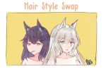  2girls animal_ear_fluff animal_ears arknights artist_name bangs black_hair border brown_eyes collarbone commentary earrings english_commentary eyebrows_visible_through_hair grey_eyes hair_between_eyes hair_ornament hairclip jewelry lappland_(arknights) long_hair looking_at_viewer multiple_girls nude open_mouth pascahujan polka_dot polka_dot_background sidelocks signature silver_hair texas_(arknights) upper_body white_border wolf_ears yellow_background 