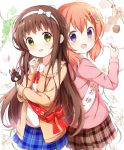  2girls ;d absurdres back-to-back bangs blue_skirt blush bow brown_hair brown_jacket brown_skirt clover collared_shirt commentary_request eyebrows_visible_through_hair floral_background four-leaf_clover frilled_jacket gochuumon_wa_usagi_desu_ka? green_eyes hair_between_eyes hair_bow hair_ornament hairband hairclip hand_up highres holding hoto_cocoa jacket long_hair looking_at_viewer multiple_girls neck_ribbon one_eye_closed open_clothes open_jacket open_mouth pink_jacket plaid plaid_skirt pleated_skirt red_bow red_ribbon ribbon sash shirt simple_background skirt smile stick_jitb translation_request ujimatsu_chiya very_long_hair violet_eyes white_background white_bow white_hairband white_shirt 