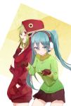 2girls :d black_gloves black_skirt blue_eyes blue_hair blush breasts commentary cowboy_shot earmuffs earphones facepaint finger_to_mouth from_side gloves green_hair green_sweater gumi hair_between_eyes hand_in_pocket hands_up hatsune_miku hood hood_up leaning_forward long_hair looking_at_viewer matryoshka_(vocaloid) medium_breasts medium_hair miniskirt multiple_girls nejikyuu open_mouth pleated_skirt pointing pointing_at_self red_eyes red_hoodie short_shorts shorts skirt smile sweater upper_teeth very_long_hair vocaloid zipper