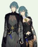  1boy 1girl armor black_gloves black_shorts blue_eyes blue_hair byleth_(fire_emblem) byleth_eisner_(female) byleth_eisner_(male) cape closed_mouth dagger fire_emblem fire_emblem:_three_houses gloves highres holding_hands medium_hair mizuno_(iori-amu) navel navel_cutout pantyhose sheath sheathed short_hair short_shorts shorts simple_background weapon 